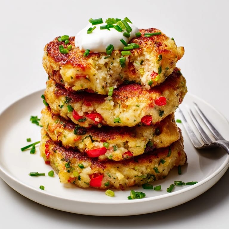 Golden pancakes infused with garlic and chili, served with sour cream dollop.  