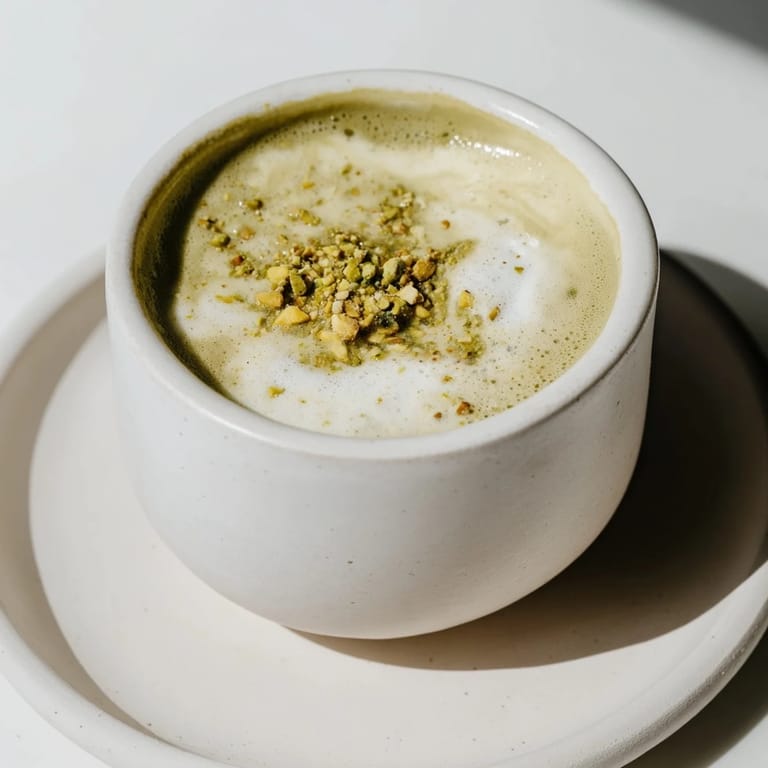Homemade pistachio milk latte served steaming, delightfully aromatic and nutty.  