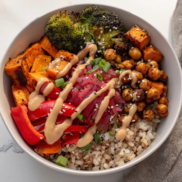 Colorful grain bowls featuring miso-butter sauce atop roasted vegetables and chickpeas.  