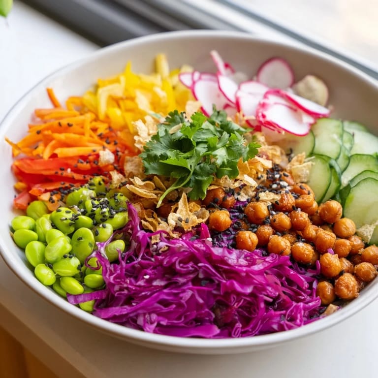 Colorful ASMR Crunch Snack Bowls garnished with radishes and drizzled with spicy mayo.