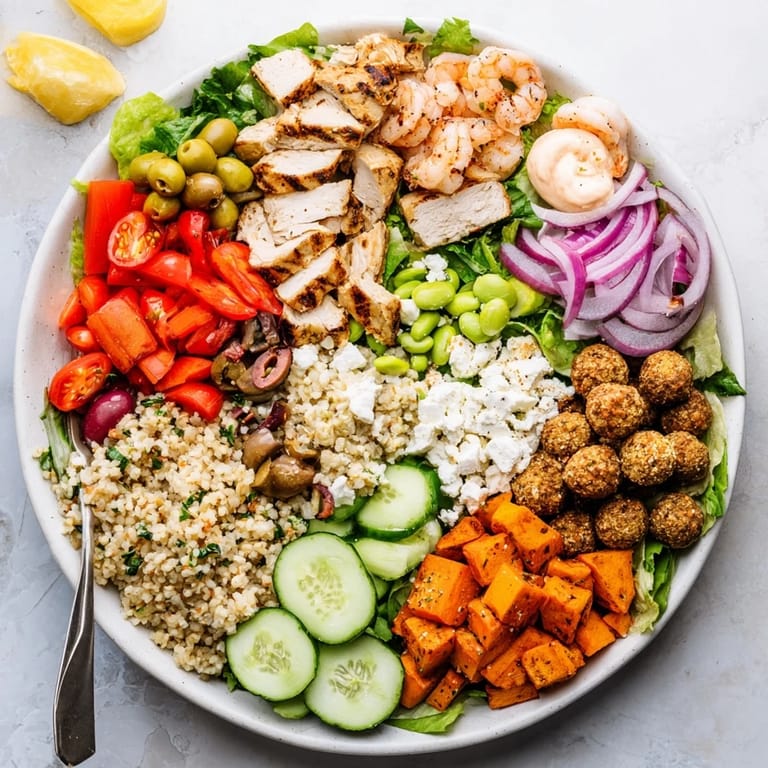 Create your own unique meal with shrimp, roasted sweet potatoes, and flavorful dressings.