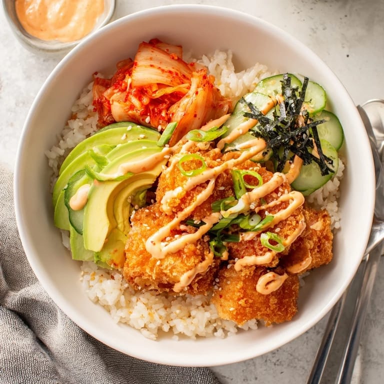 Delicious Crispy Salmon Rice Bowl topped with garlic, cucumber, and sesame seeds for crunch.