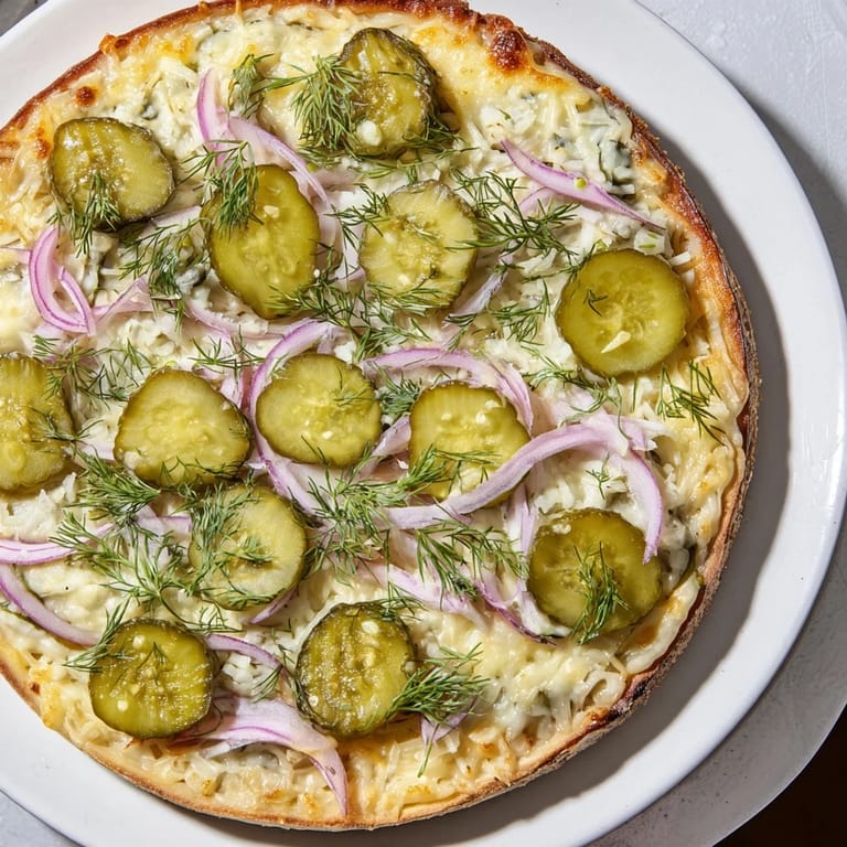 Delicious homemade pickle pizza, featuring zesty crème fraîche and golden crust perfection.  