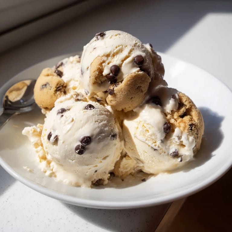 Delicious homemade cottage cheese ice cream topped with rich edible cookie dough pieces.