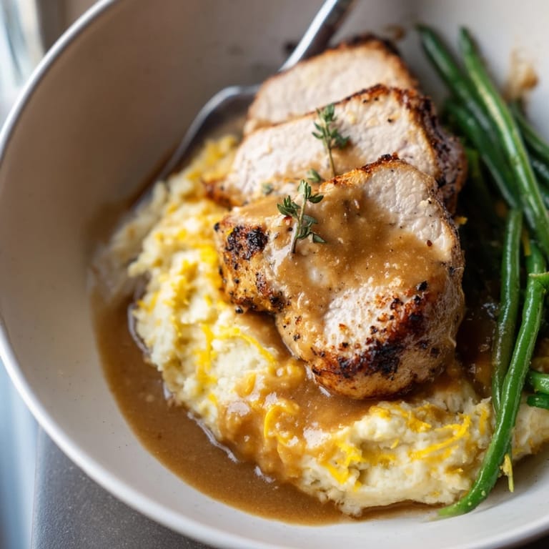 Comforting Pork Chops & Cheddar Mash Bowl garnished with crisp green beans for freshness.  