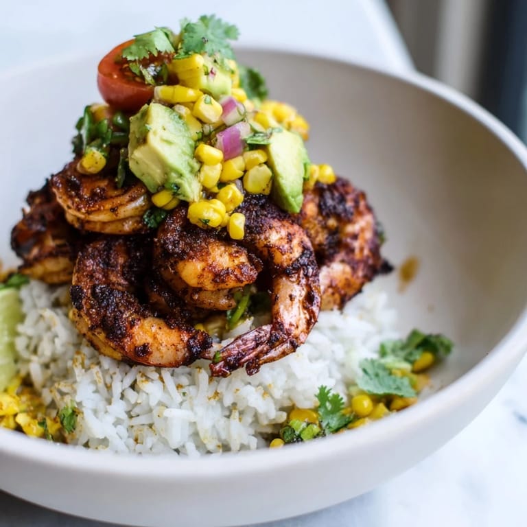 Flavorful blackened shrimp bowl garnished with fresh cilantro and lime wedges.  