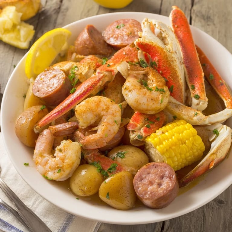 Aromatic seafood boil featuring juicy crab and shrimp with spicy sausage and corn.  