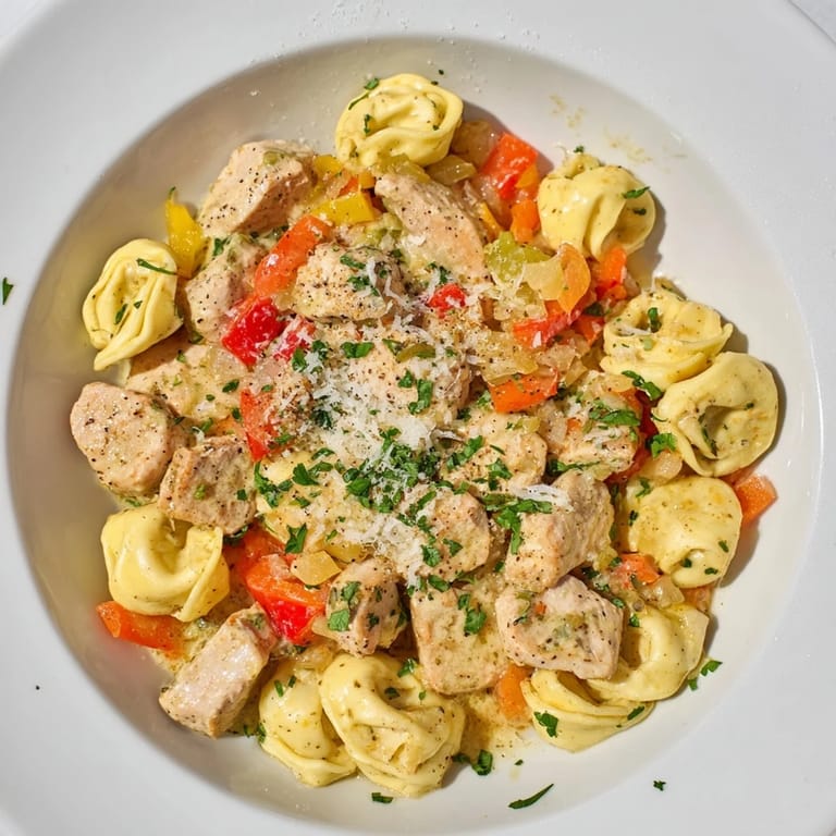 Golden-brown Zesty Cajun Garlic Parmesan Chicken Tortellini smothered in a rich, creamy, cheesy sauce.
