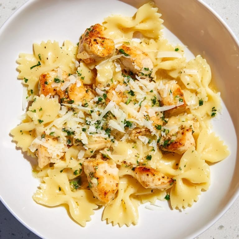 Enjoy hearty Mozzarella Garlic Butter Chicken Bowties; pasta and chicken in a creamy garlic butter sauce, ready to eat.