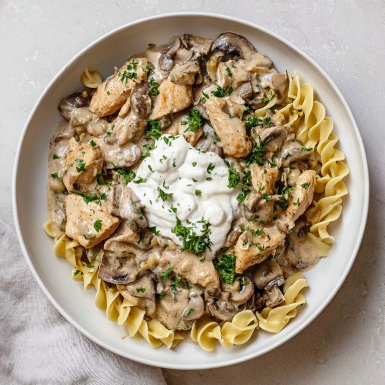 Golden chicken pieces in a luscious Creamy Chicken Stroganoff, served alongside fluffy, white rice.