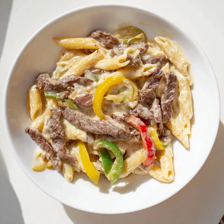 Tempting shot of Philly Cheese Steak Pasta – pasta with steak, peppers, and onions in a cheesy sauce.