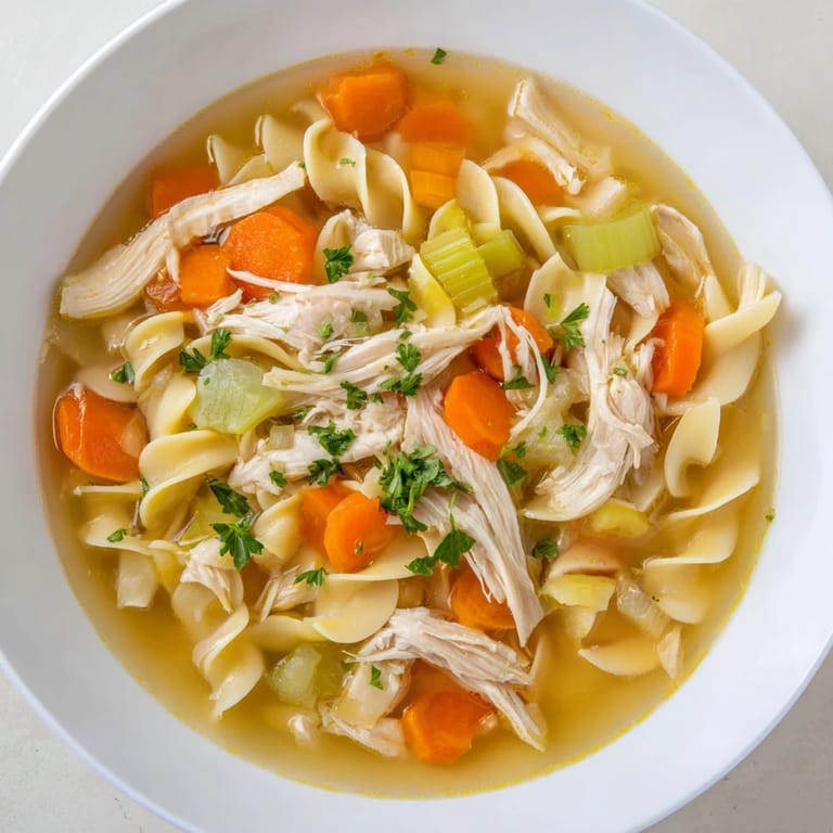 A close-up of a flavorful homemade chicken noodle soup, ready to comfort on a cold day.