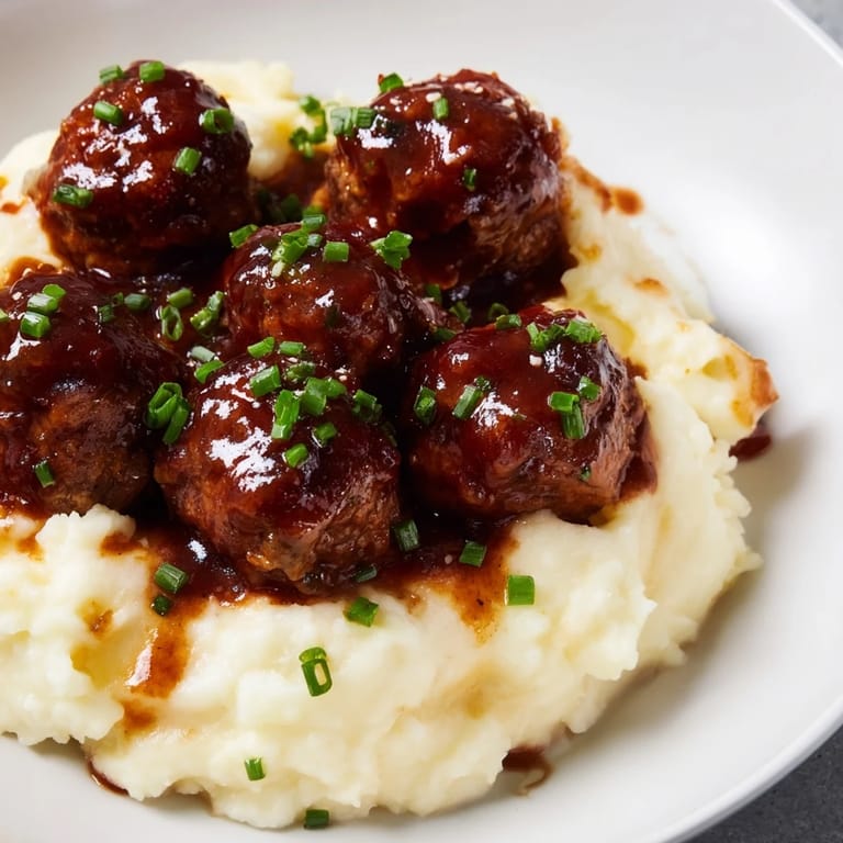 A plate of comforting BBQ Meatballs & Mashed Potatoes offers a savory, home-cooked meal experience.