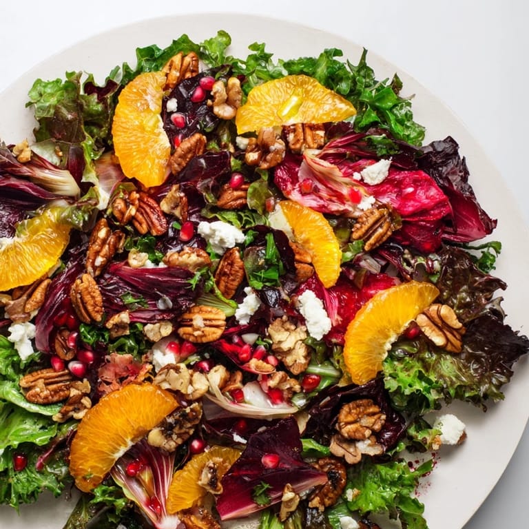 This Winter Greens Salad recipe showcases a luscious mix of greens, oranges, and pomegranate; garnished with nuts.