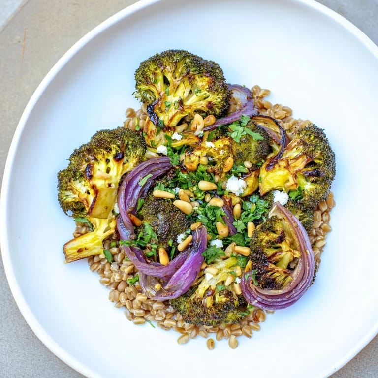 A close-up of warm roasted broccoli over fluffy farro, finished with fresh parsley and crunchy nuts.