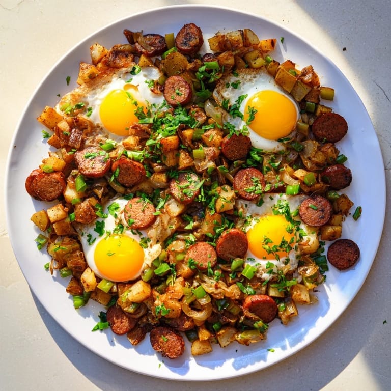 Delicious Egg & Potato Hash featuring hot dogs, potatoes, and soft yolks, perfect for brunch.