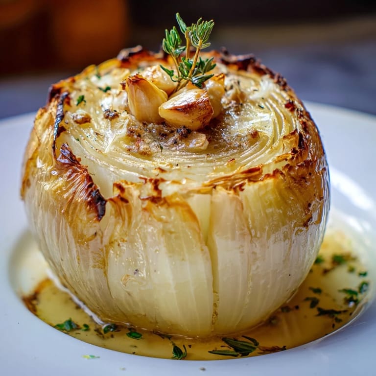 Delicious Onion Boil, a perfectly roasted whole onion, nestled in foil with garlic and butter.