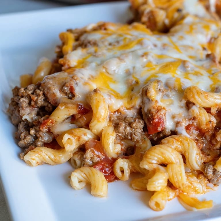Golden brown melted cheese covers a delicious, hearty Hamburger Casserole, perfect for dinner.