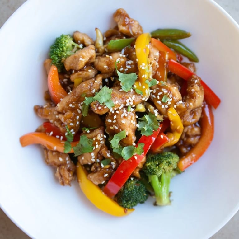 Steaming Chicken Stir-Fry with Vegetables and Rice, fragrant with ginger, ready to serve over fluffy rice.
