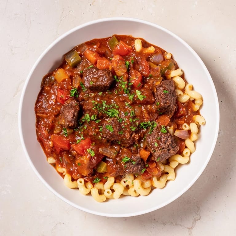 Close-up of a rustic goulash recipe, featuring pasta, beef, and vibrant vegetable chunks.