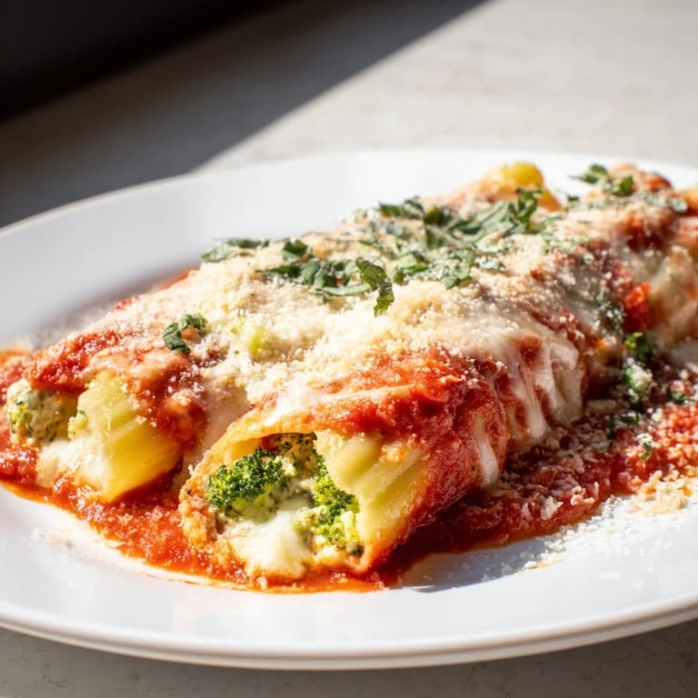 Golden-brown Cozy Broccoli Stuffed Manicotti, served with fresh basil, ready for a comforting Italian dinner.