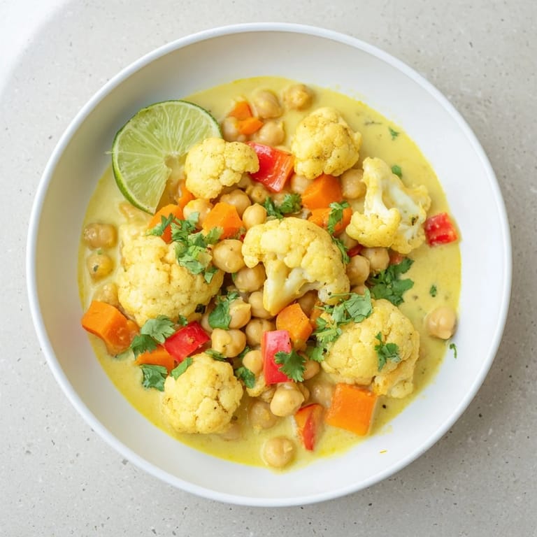 Spoonful of flavorful curried cauliflower and chickpea stew, perfect for chilly evenings.