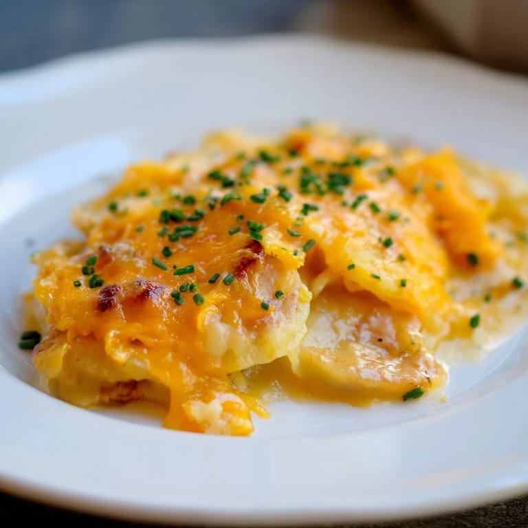 A close-up of creamy, layered cheesy scalloped potatoes, with melted cheese and tender potatoes visible.