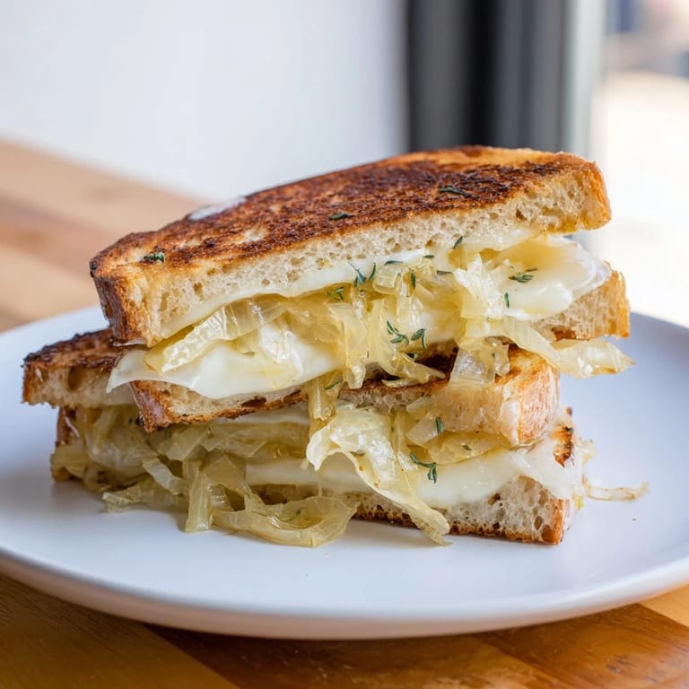 Mouthwatering French Onion Grilled Cheese sandwich, served hot, with delightful golden, toasted bread and savory caramelization.