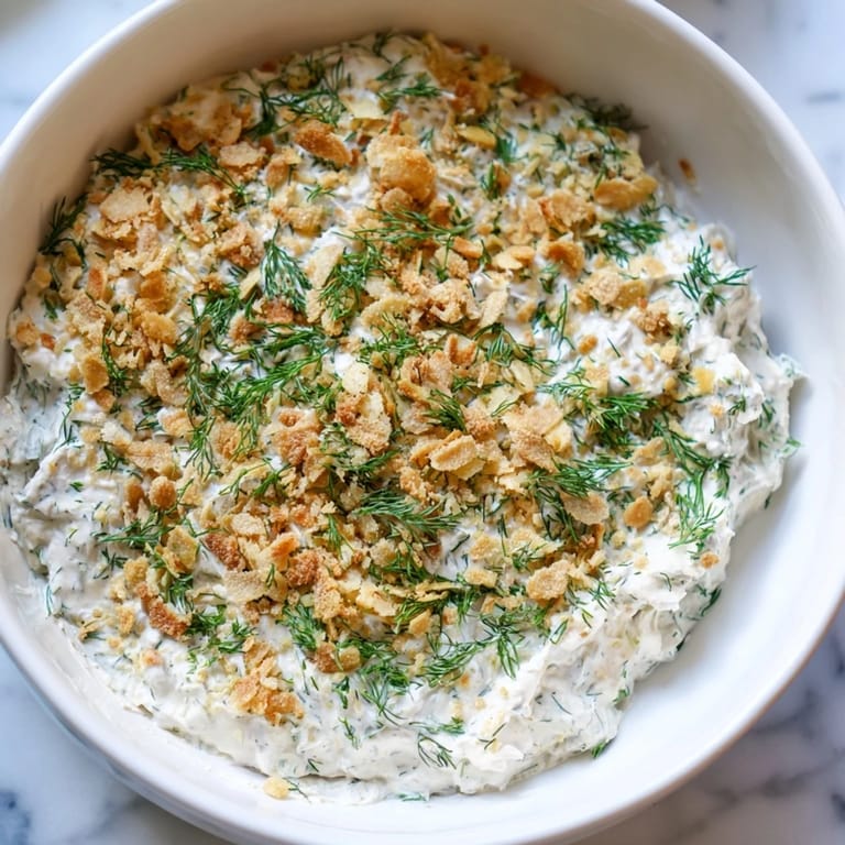 A close-up view of fresh and flavorful Fried Pickle Dip, ready to be scooped up.