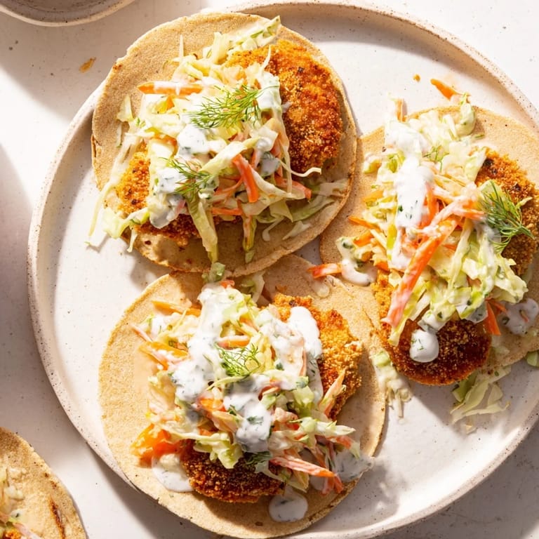 A close-up of vibrant Buffalo Chicken Smash Burger Tacos, bursting with creamy ranch slaw and flavor.