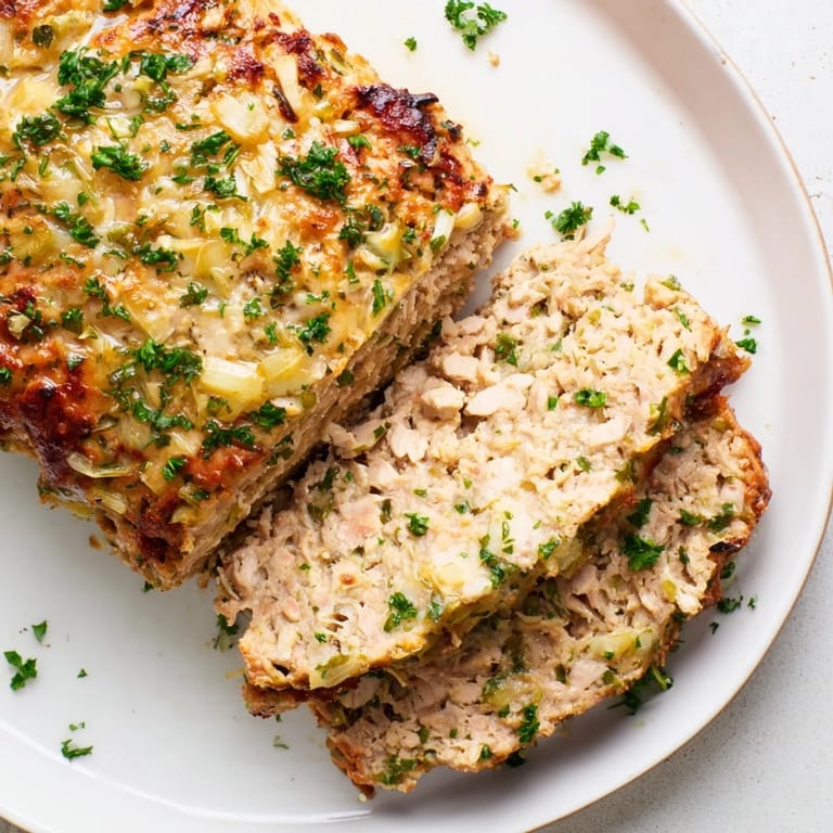 Warm plate of Juicy Garlic Parmesan Chicken Meatloaf, juicy and flavorful after baking, ready to serve with sides.