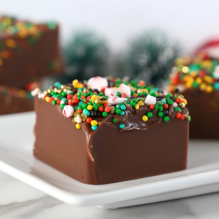 Smooth, chocolatey 3-Ingredient Christmas Fudge Squares garnished with colorful holiday sprinkles, a perfect sweet treat.