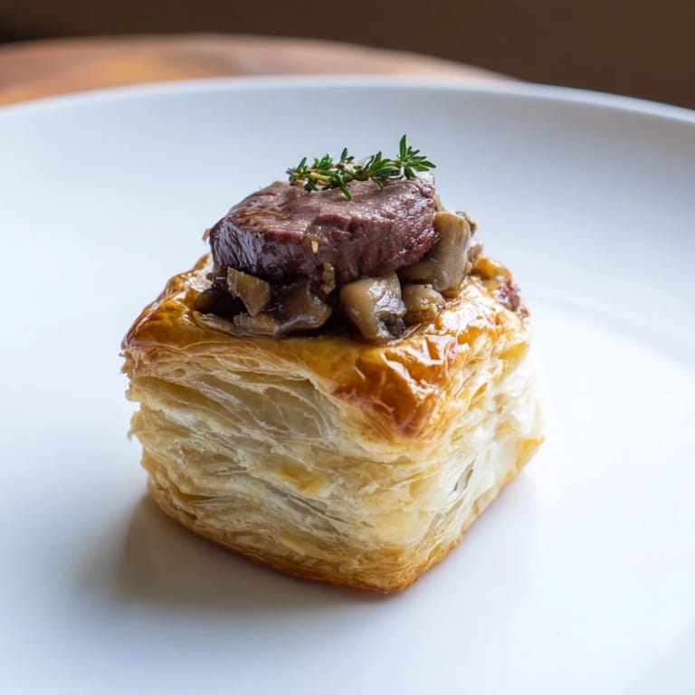 Perfectly plated, bite-sized Simplified Christmas Beef Wellington Bites, served warm for holiday appetizers.