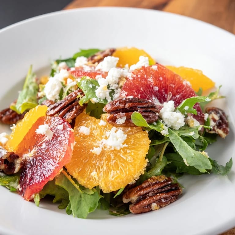Close-up of Winter Citrus & Candied Pecan Salad: a colorful, refreshing mix with candied pecans and goat cheese.