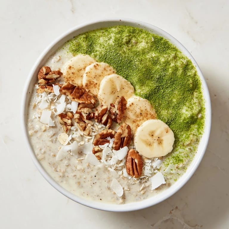 A bowl of refreshing High-Protein Eggnog Matcha Overnight Oats with a sprinkle of warming cinnamon.