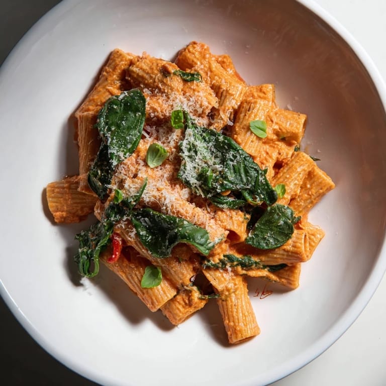 A vibrant top-down view of Lightened-Up Vodka Rosé Christmas Pasta, ready to serve with fresh basil and Parmesan cheese.