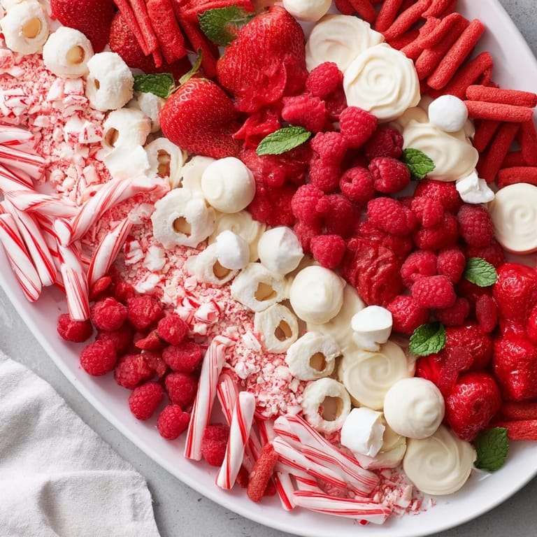 A beautiful candy cane striped platter, layered with red fruits and white sweets, ideal for sharing.