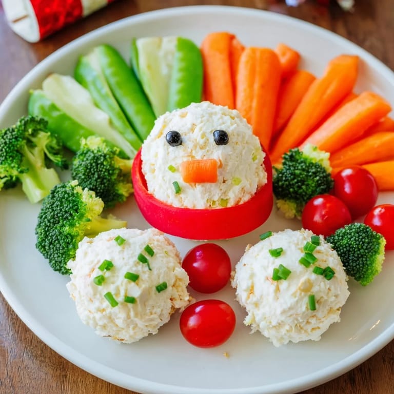 Enjoy a whimsical Snowman Veggie Dip Platter with a creamy dip body, veggie face, and vegetable dippers.