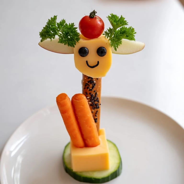 This vibrant Long-Necked Giraffe Snack Tower offers a healthy, colorful snack with fresh apple ears.