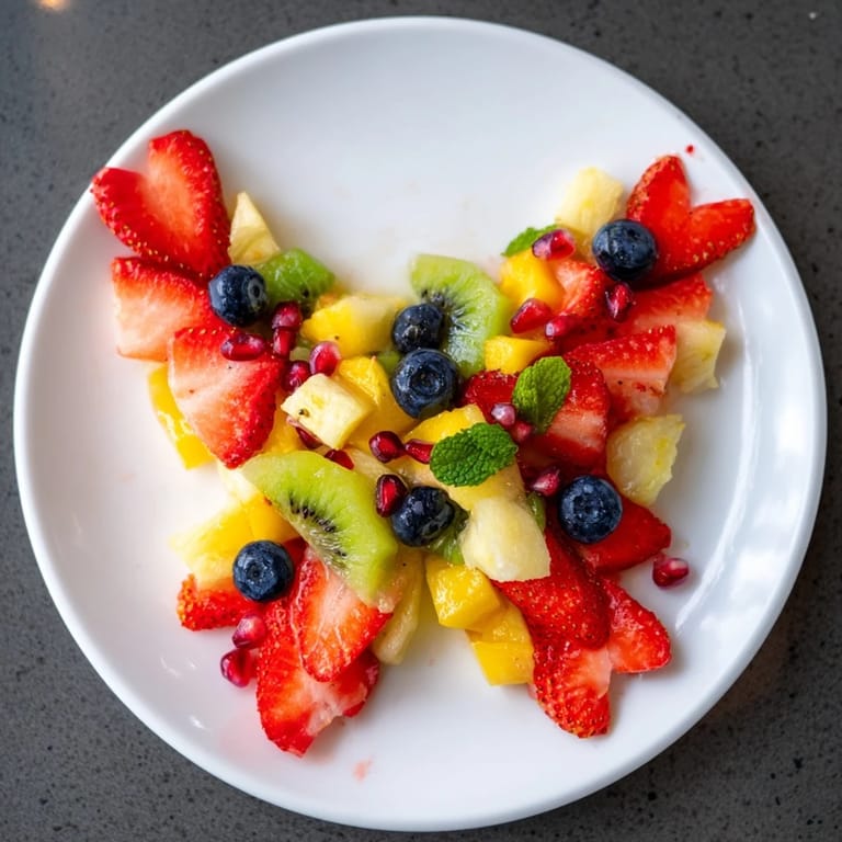 Beautifully shaped "Papillon de Fruits d'Été Vifs" fruit salad, drizzled with honey and fresh mint, so refreshing.