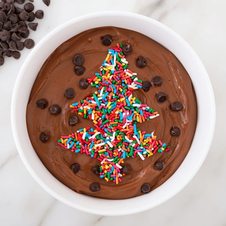 Brightly decorated Festive Tree Brownie Dip, a delicious, brownie-flavored dip served with fresh strawberries and marshmallows.