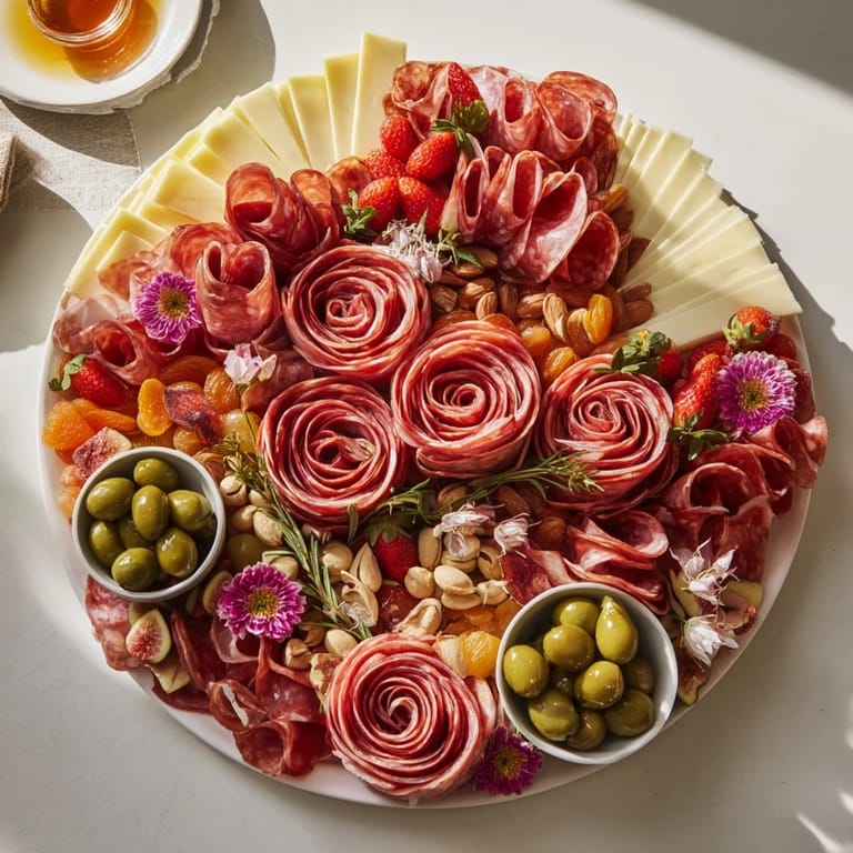 Artistic Meat and Cheese Rose Garden Board appetizer, featuring salami roses with fresh fruits and nuts.