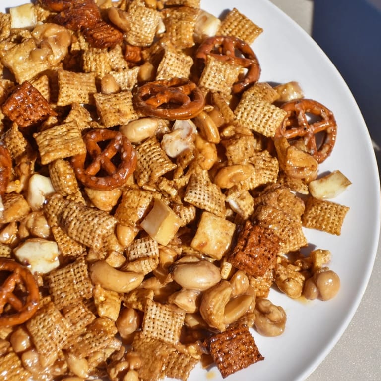 Get ready to enjoy this homemade Party Mix, now cooled and ready to eat!