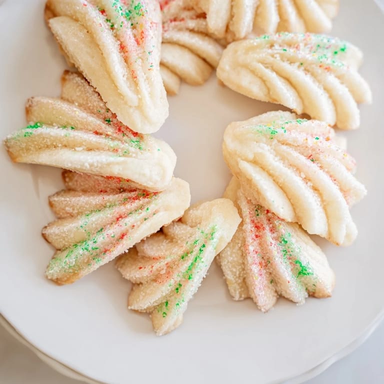 Close-up of vibrant Spritz cookies, beautifully arranged in a layered fan shape, ready for serving.