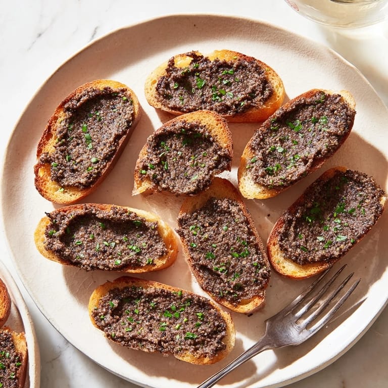 Close-up of savory black olive tapenade with fresh herbs, served on crispy, toasted crostini for delicious appetizers.