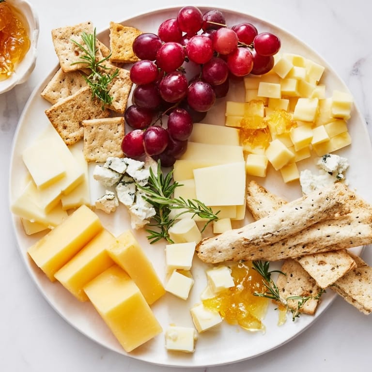 This easy Housewarming Open House Spread offers savory crackers, sharp cheddar, creamy Brie, and sweet grapes.