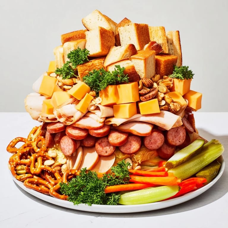 Hearty Tailgate Party Power Stack features savory smoked sausage and cheddar cheese, perfect for sharing and satisfying.