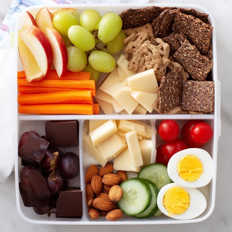 A beautifully arranged Road Trip Snack Box featuring a variety of textures and fresh, delicious ingredients.