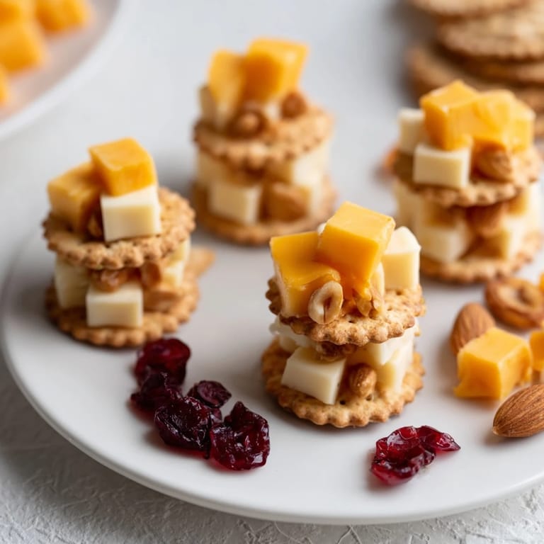 Close-up of a Work From Home Desk Treat: cheese and crackers arranged with red cranberry and almond garnish.