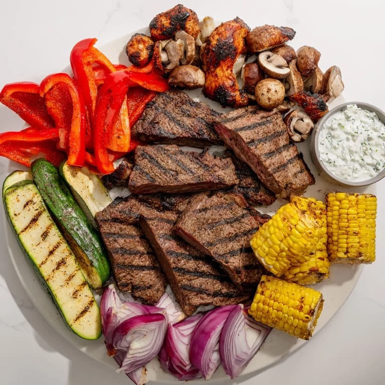 Vibrant image of The Backyard BBQ Companion: piled high with juicy grilled meats and colorful vegetables.